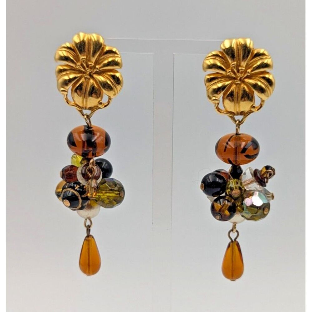 Vintage Gold Tone Art Glass Faux Pearl AB Beads Flower Clip On Earrings